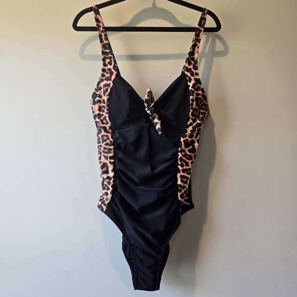 Black Leopard Print One Piece Halter Top Bathing Suit Medium - Picture 4 of 10